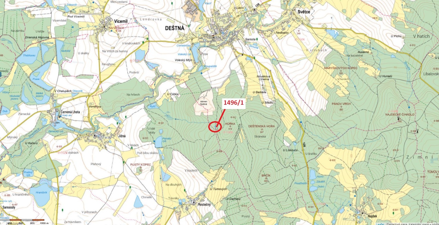 Exdražby Lesní pozemek o výměře 638 m2, podíl 1/1, k.ú. Deštná u
